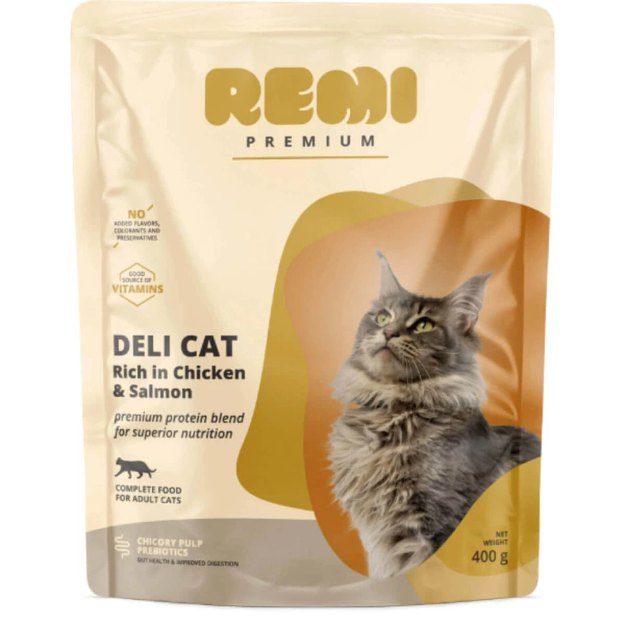 REMI PREMIUM Deli, Pui și Somon, hrană uscată pisici, 400g