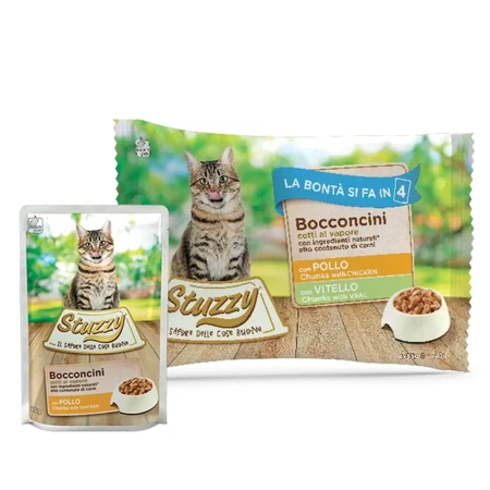 STUZZY Chunks Pack, Huhn und Rind, Nassfutter für Katzen in Beuteln (in Aspik), Multipack, je 85 g, 4 Stück