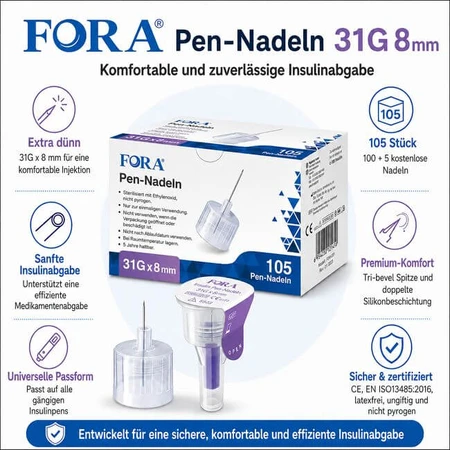Needles for the FORA insulin pen, 31G, 8 mm (set of 105)