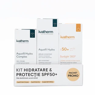 Kit d'hydratation et de protection, Gel-crème Aquafil Hydra Complex, 15 ml, Sérum Aquafil Hydra, 30 ml, Crème Sunlight 360 avec SPF 50+, 50 ml, Ivatherm