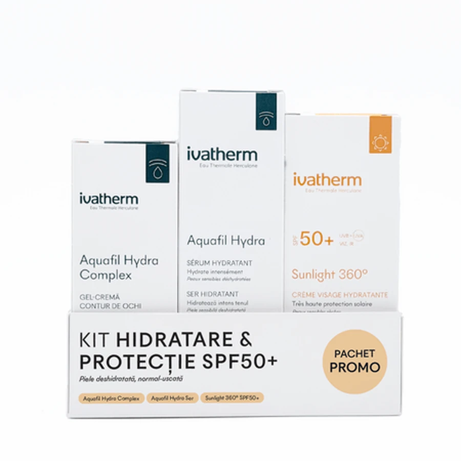 Kit d'hydratation et de protection, Gel-crème Aquafil Hydra Complex, 15 ml, Sérum Aquafil Hydra, 30 ml, Crème Sunlight 360 avec SPF 50+, 50 ml, Ivatherm