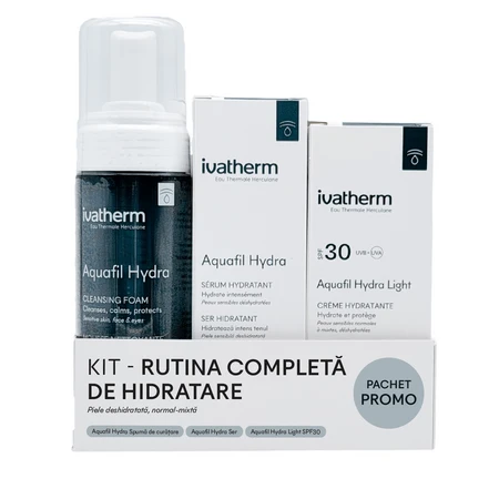 Complete Moisturizing Routine Kit, Aquafil Hydra Foam, 160 ml, Aquafil Hydra Serum, 30 ml, Aquafil Hydra Light Cream with SPF 30, 50 ml, Ivatherm