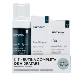 Kit complet de soins hydratants, Aquafil Hydra Foam, 160 ml, Aquafil Hydra Serum, 30 ml, Aquafil Hydra Light Cream avec SPF 30, 50 ml, Ivatherm