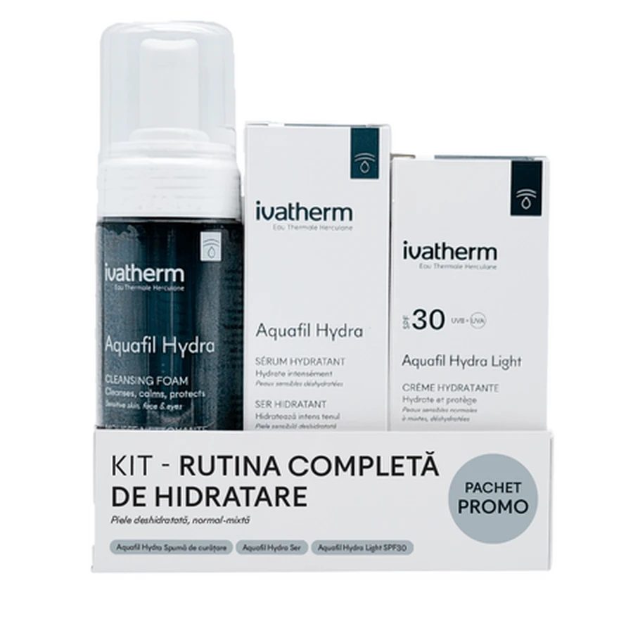Kit complet de soins hydratants, Aquafil Hydra Foam, 160 ml, Aquafil Hydra Serum, 30 ml, Aquafil Hydra Light Cream avec SPF 30, 50 ml, Ivatherm