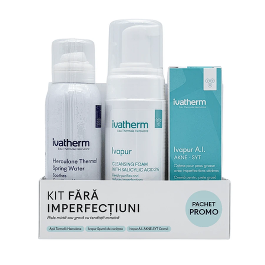 Kit Flawless, Eau thermale, 100 ml, Mousse Ivapur, 160 ml, Crème Ivapur AI, 30 ml, Ivatherm