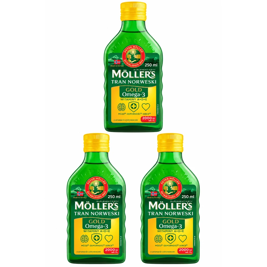 Ulei de pește Gold cu Omega-3, aromă de lămâie, 3x250 ml, Möller’s