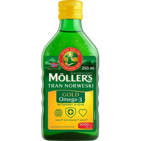 Ulei de pește Gold cu Omega-3, aromă de lămâie, 3x250 ml, Möller’s