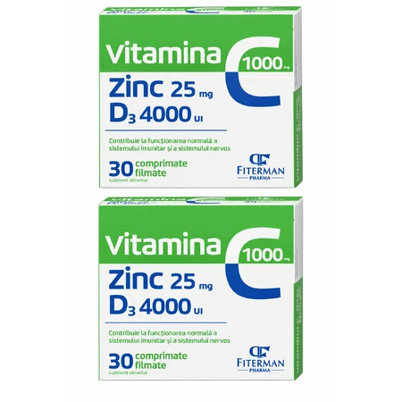 Vitamina C 1000 mg + Zn 25 mg + D3 4000 UI, 2x30 comprimidos recubiertos, Fiterman