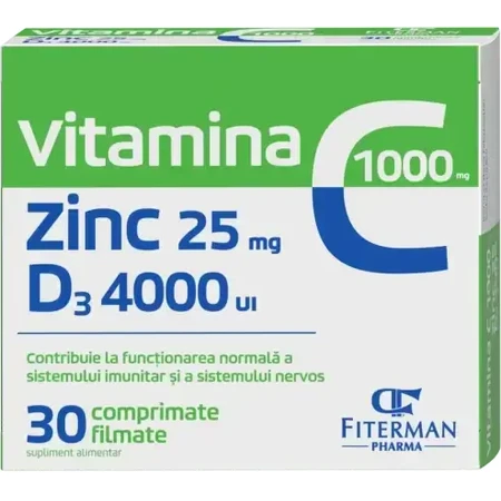 Vitamina C 1000 mg + Zn 25 mg + D3 4000 UI, 2x30 comprimidos recubiertos, Fiterman