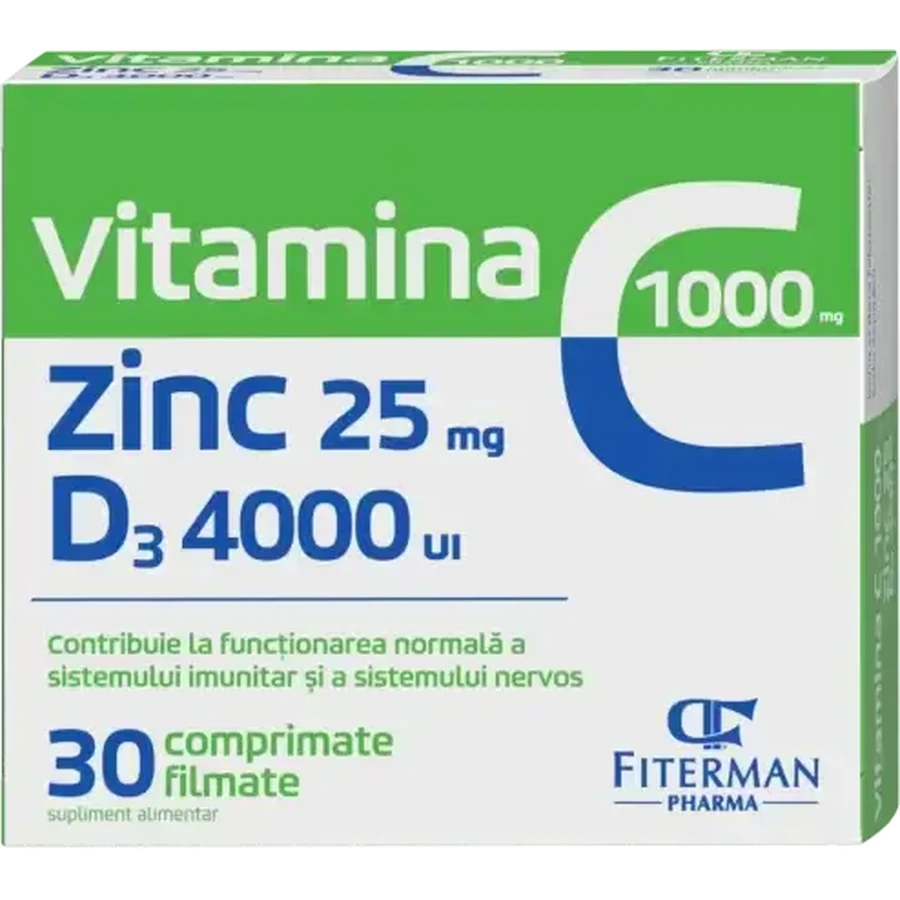 Vitamina C 1000 mg + Zn 25 mg + D3 4000 UI, 2x30 comprimidos recubiertos, Fiterman