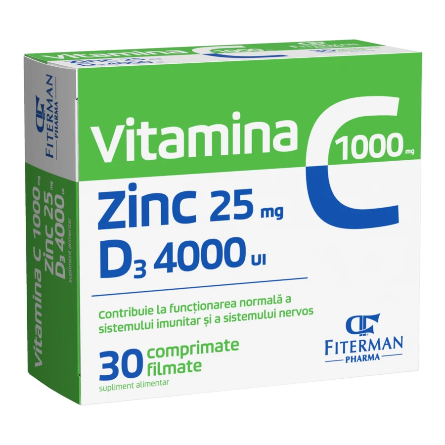 Vitamina C 1000 mg + Zn 25 mg + D3 4000 UI, 2x30 comprimidos recubiertos, Fiterman