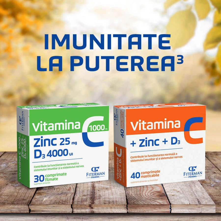 Vitamina C 1000 mg + Zn 25 mg + D3 4000 UI, 2x30 comprimidos recubiertos, Fiterman