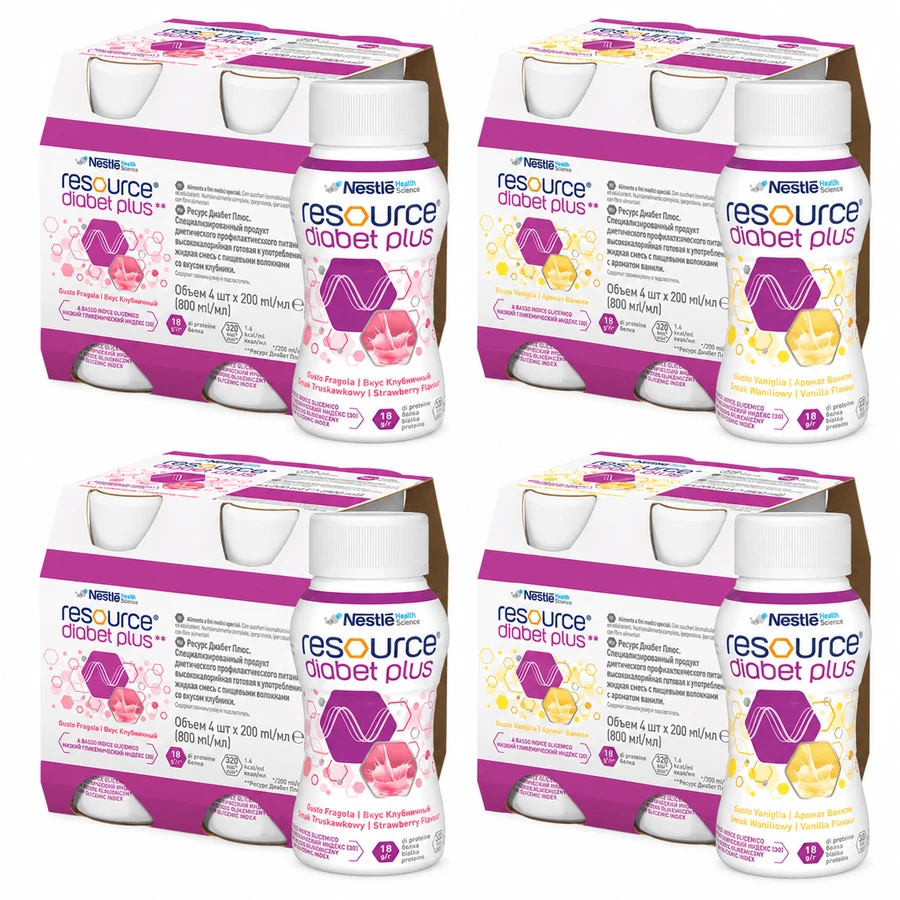 Resource Diabet Plus, strawberry flavor, 8 x 200 ml + vanilla flavor, 8 x 200 ml