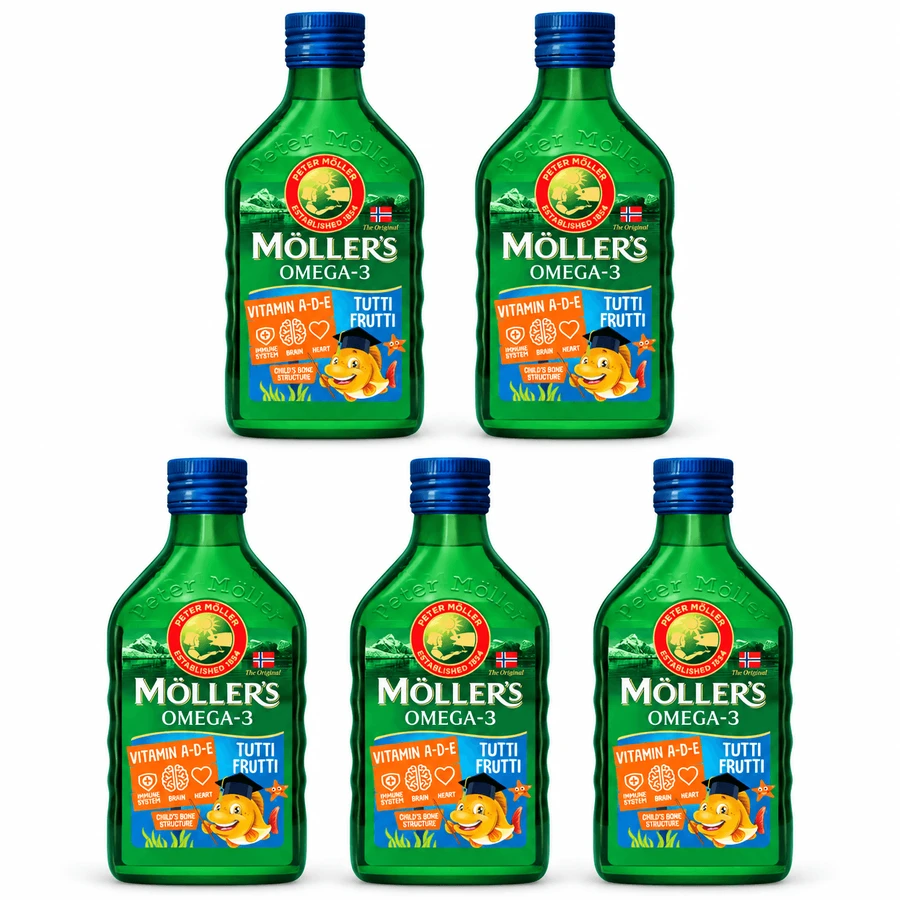 Ulei de pește norvegian, peste 3 ani, aromă fructată, 5x250 ml, Möller's