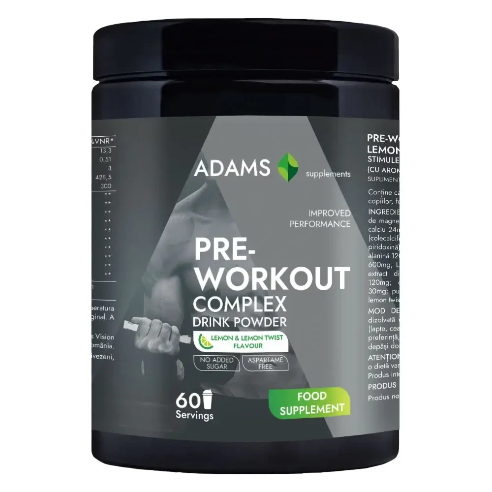 Pre-Workout Complex Instant Powder with Lemon-Twist Flavor, 360 g, Adams Supplements