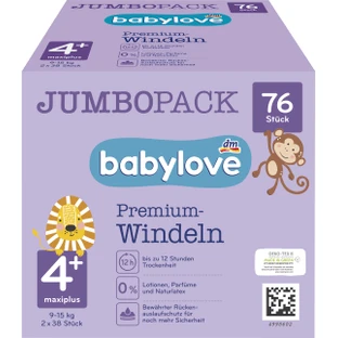Babylove Premium pañales jumbo talla 4+, 76 unidades