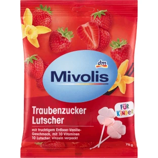 Mivolis Effervescent druivensuiker lolly met aardbei- en vanillesmaak, 75 g